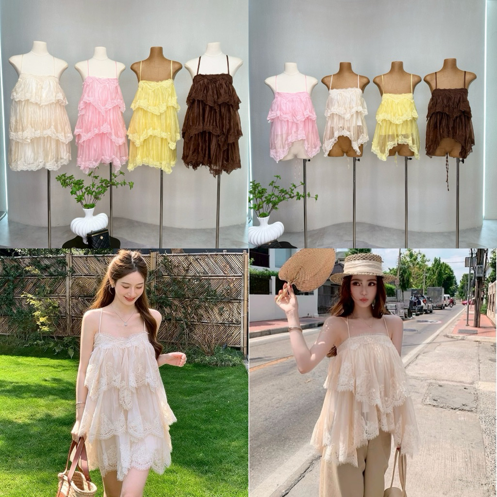🚚พร้อมส่งเดรส-เสื้อสายเดี่ยวลูกไม้ฟีลคุณหนู ใส่แล้วละมุนมากกกก