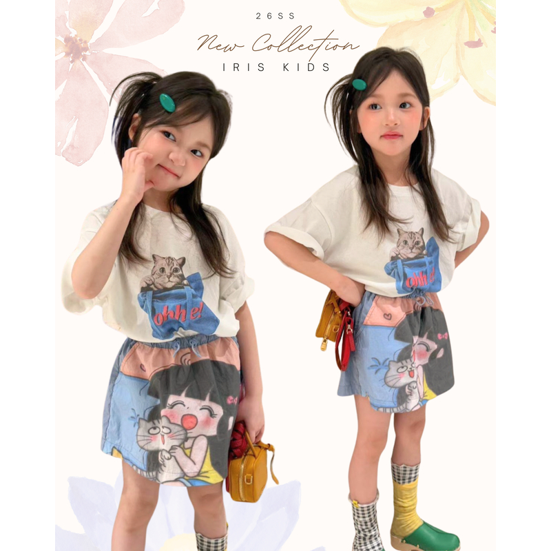 「สินค้าลิขสิทธิ์แท้」IRIS KIDS 26ss IKS260379 Mini Cat Lover shirt/Skirt ชุดแฟชั่น เสื้อยืดลายแมว กระโปรงการ์ตูน น่ารัก