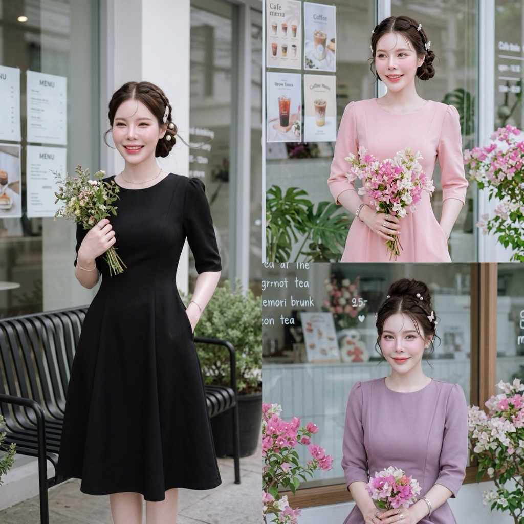 D1000 เดรสคอกลมแขนยาว มีกระเป๋าล้วง ความยาว 40 นิ้ว  สำหรับสูง 160-170 ใส่สวย  มีไซส์ S-3XL