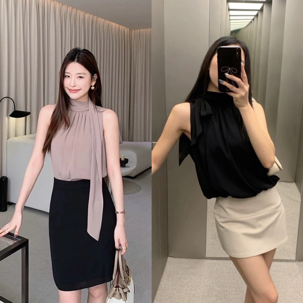 9440# เสื้อแขนกุด มีซับใน เย็บติดเชือกผูกคอ เนื้อผ้าดี ทรงสวย TAG:WG.WE 🇰🇷