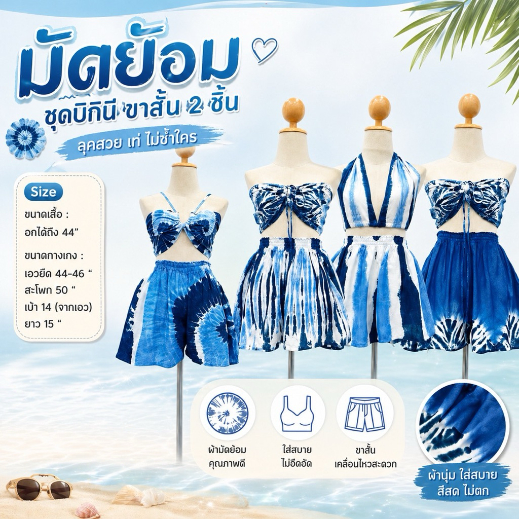 (ร้านส่งไว)ชุดเซ็ตบิกีนี+กางเกงขาสั้น (ตุ๊กตาบาร์บี้มินิมอล) มัดย้อมคราม ผ้าสปัน ใส่ไปทะเล ใส่สบาย พร้อมส่ง