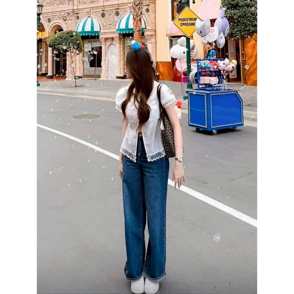 🌟Set เสื้อคอบัวแมทช์เข้าเซ็ตมากับกางเกงยีนส์เอวสูงทรงขากระบอก (nannapat)🌟