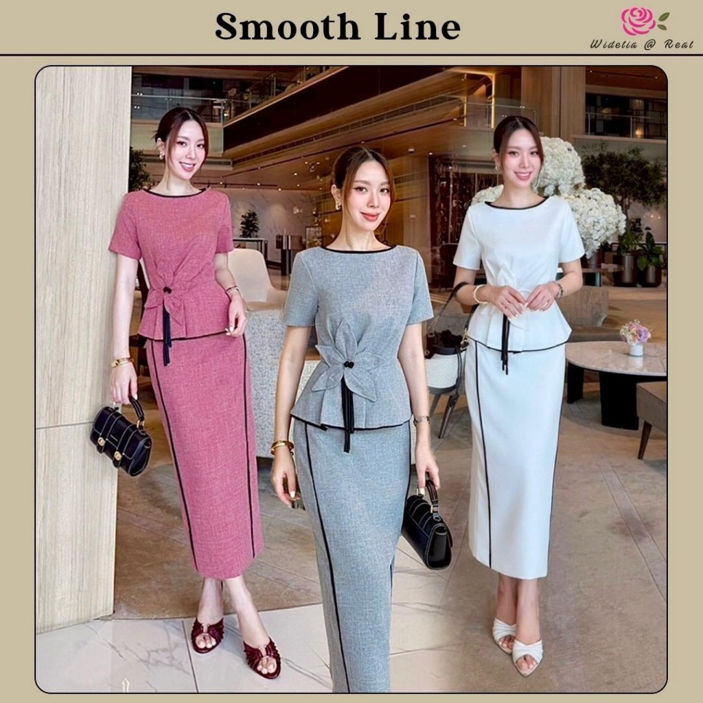 Widelia มี 3 สี Smooth Line Dress เดรสยาวผ้าทอทรงสอบใส่ทำงานได้ แขนสั้น เย็บดอกไม้ตกแต่ง ซิปหลัง กระโปรงผ่าหลังเดินง่าย