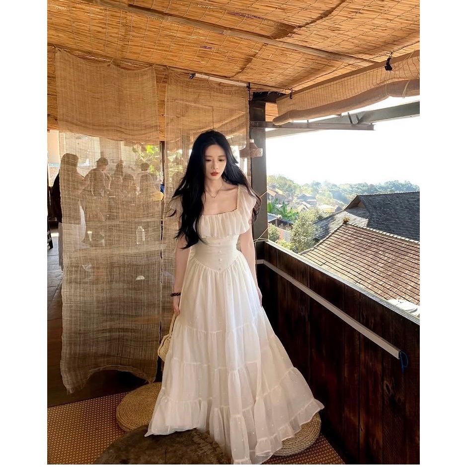 Mogwany  พร้อมส่ง L / พรี S,M / Shella Dress เดรสยาว เอวเข้ารูป เปิดไหล่ มีซับใน ใส่เที่ยว น่ารักมาก เก็บโค้ดหน้ากิจกรรม