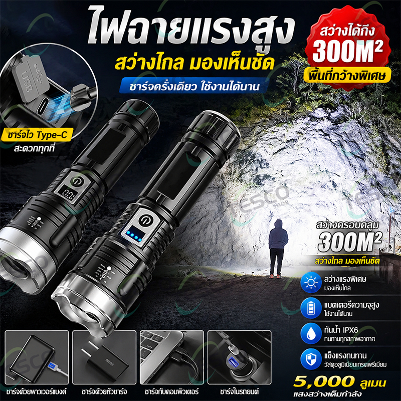 ไฟฉาย LED กำลังสูง ชาร์จโทรศัพท์ได้ กันน้ำ พกพาสะดวก มี 3 โหมดแสง สว่างพิเศษ เหมาะแคมป์ปิ้ง ปั่นจักรยาน ฉุกเฉินใช้งานได้