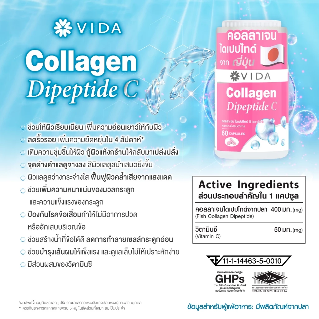 วีด้า คอลลาเจน ไดเปปไทด์ ผิวใส ชุ่มชื้น 60 แคปซูล VIDA Collagen Dipeptide C 60 Capsules thumbnail 6
