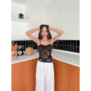 BY IRA (00021) Kalil Lace Topเสื้อสายเดี่ยวลูกไม้ เสื้อกั๊กซีทรู เซ็กซี่ แฟชั่นฤดูร้อน จับคู่สีโดพามีน