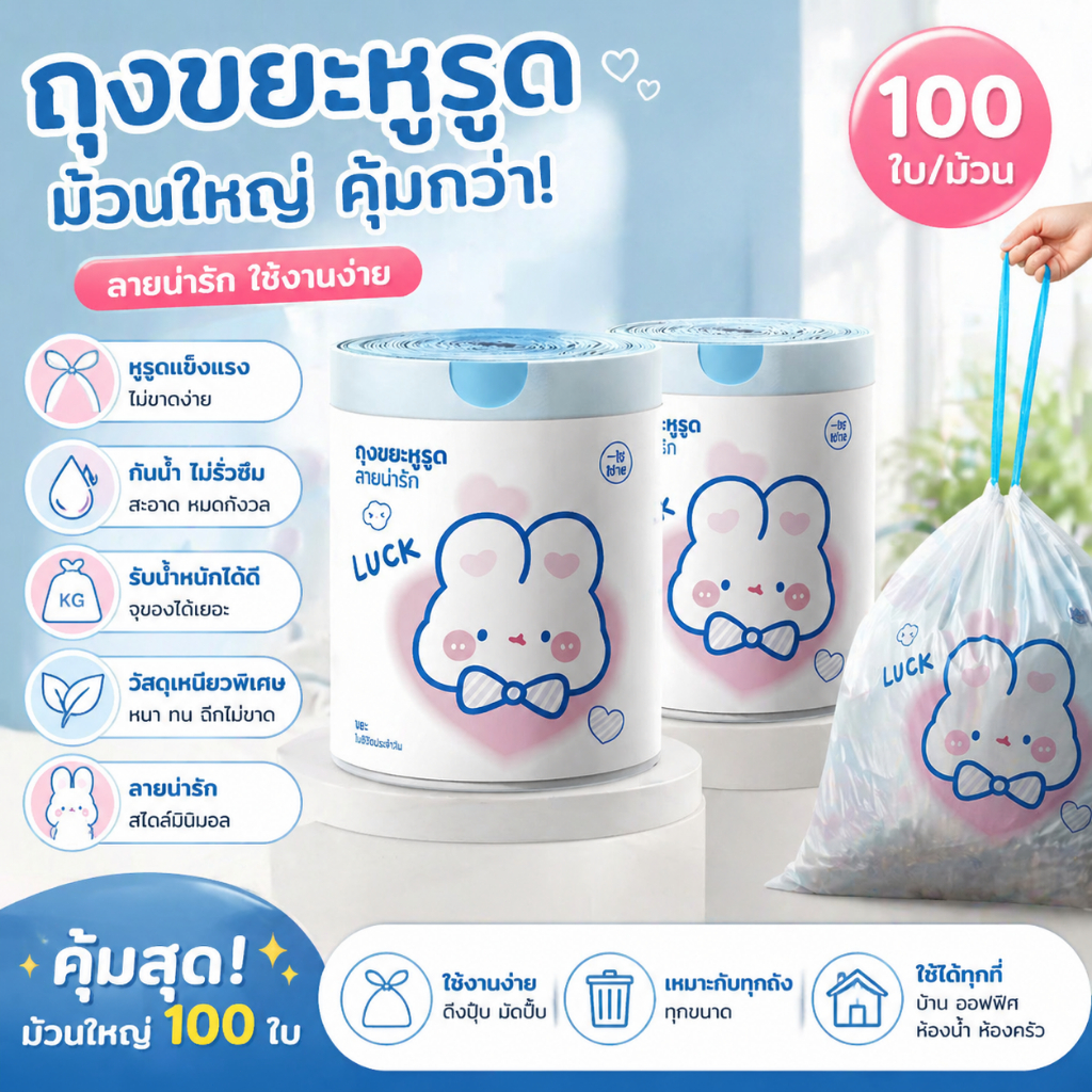 [จัดส่งที่กรุงเทพฯ]ถุงขยะแบบมีเชือกรูด ถุงขยะแบบหนา ลายกระต่ายการ์ตูนน่ารัก พกพาสะดวก ราคาประหยัด