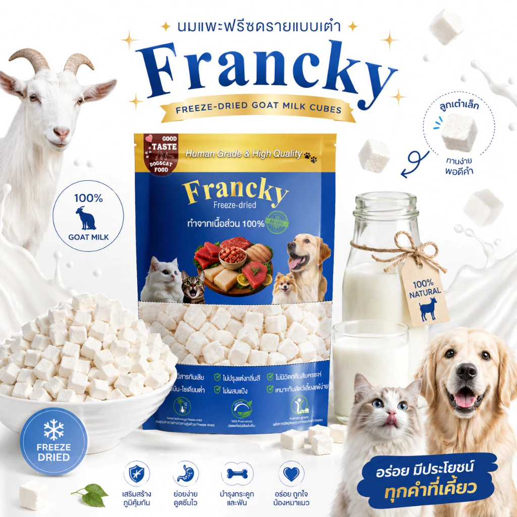 [ย่อยง่าย ไม่ท้องเสีย] นมแพะก้อนหั่นเต๋า Francky แคลเซียมสูง บำรุงกระดูกและฟัน โปรตีนแน่น ทานง่าย