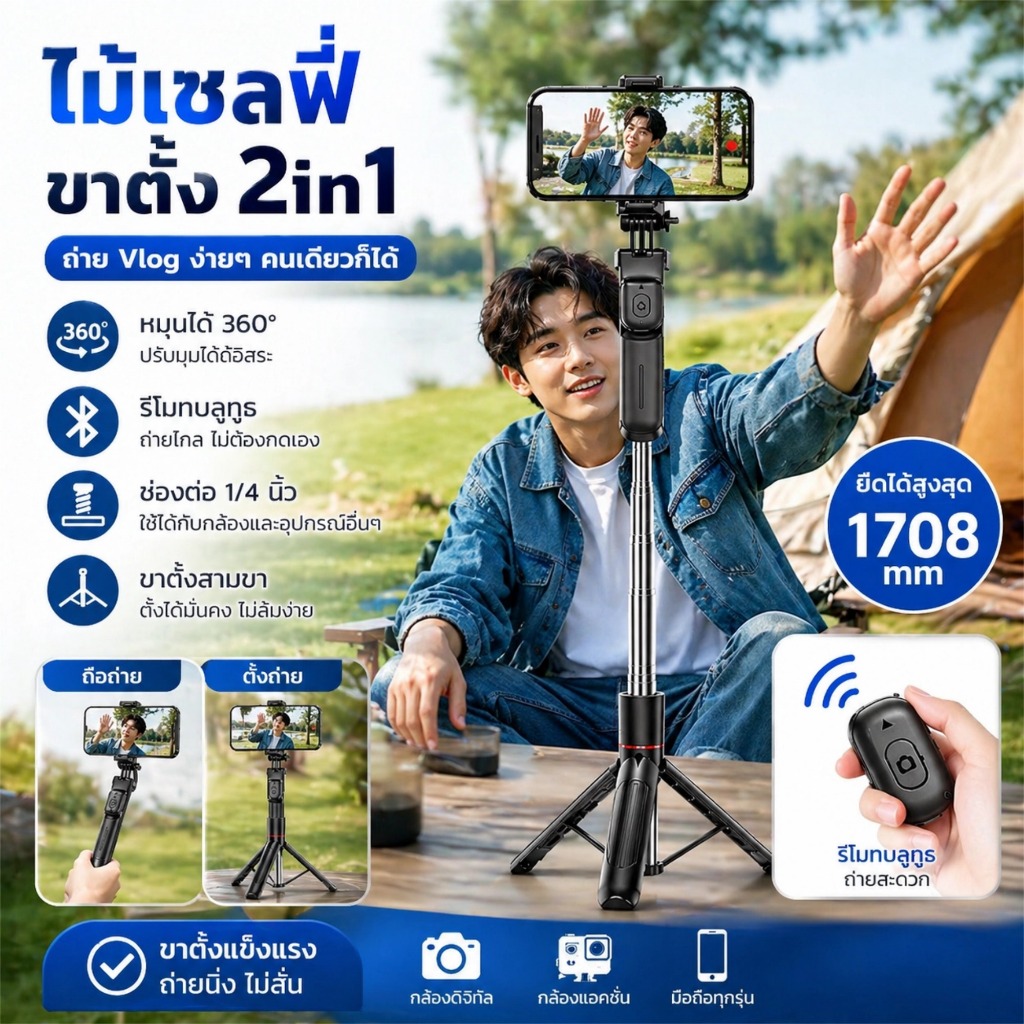 ไม้เซลฟี่ Vlog ขาตั้งมือถือ Bluetooth รีโมท 360° ถ่ายคนเดียวได้ ไม่สั่น ยืด170cm ไลฟ์สด TikTok YouTube