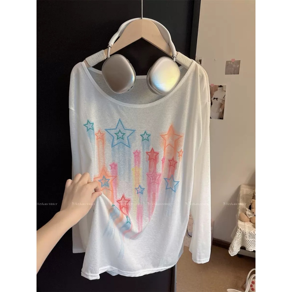 เสื้อยืดแขนยาวทรงหลวมบางเบาสำหรับผู้หญิง ลายแมว สำหรับฤดูร้อน กันแดด
