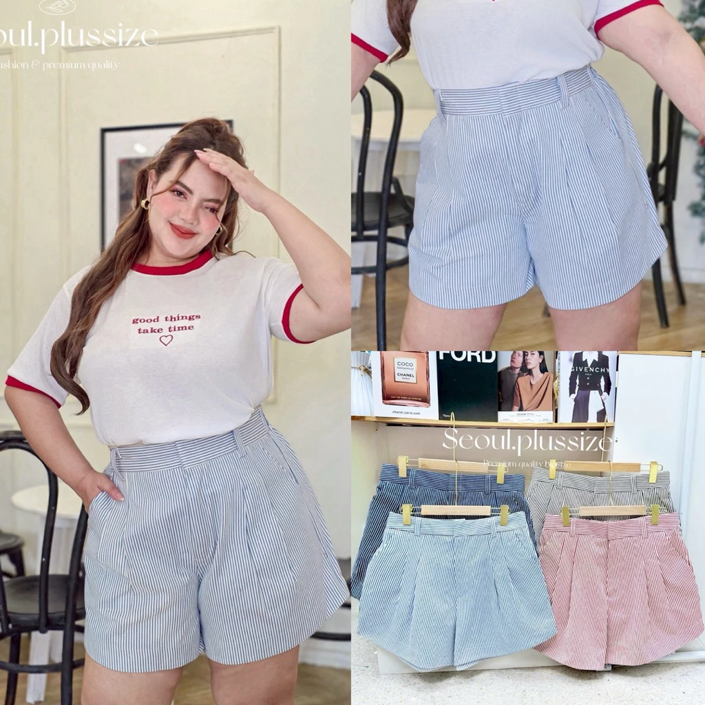 (S) กางเกงขาสั้น ทรงบาร์บี้ ผ้าลายริ้ว ทรงฮิต (มีเอว34-60“) ใส่สบาย เสื้อผ้าสาวอวบอ้วน พลัสไซส์ ไซส์ใหญ่