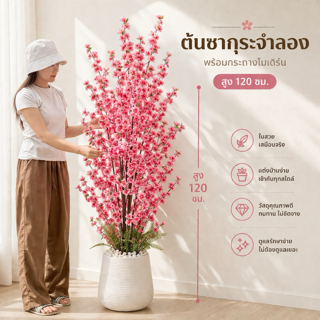 ต้นซากุระรุ่นพุ่มหนา สูง 120 ซม. พร้อมกระถางโมเดิร์นขนาด 9 นิ้ว ใช้สำหรับตกแต่งต้นไม้เสมือนจริง