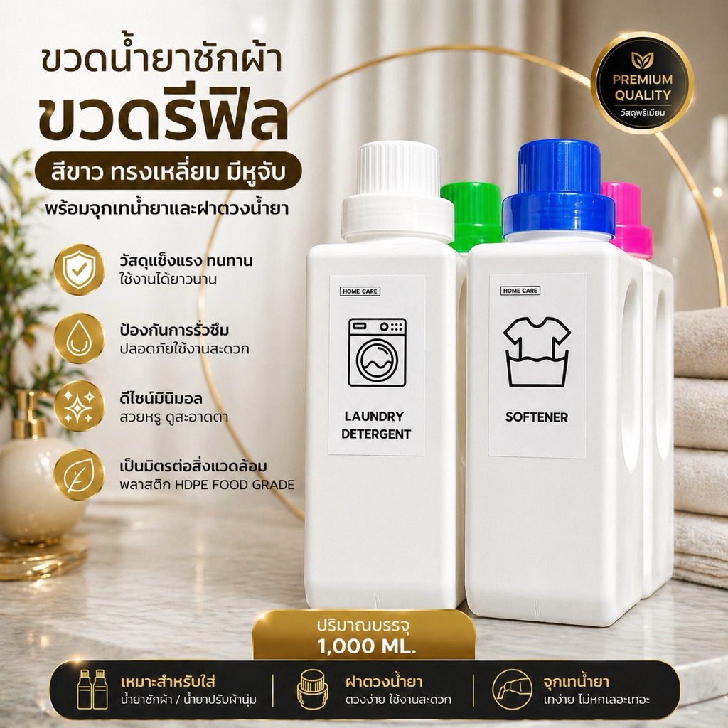 ขวดน้ำยาซักผ้า ขวดรีฟิล สีขาว ทรงเหลี่ยม มีหูจับ (พร้อมจุกเทน้ำยา) (1,000 ML.) PK1000ML40