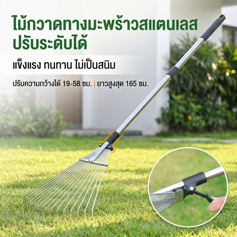 ส่งจากกรุงเทพ 24ชม คราดหญ้าเหล็ก 15ฟัน ปรับระดับได้ แข็งแรง เก็บเศษพืช อุปกรณ์สวนกลางแจ้ง Garden Rake
