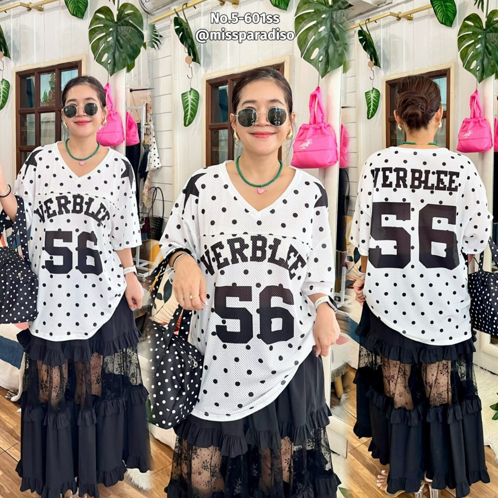 5-601SS เสื้อกีฬาตาข่ายขาวลายจุดดำสกรีน 56
