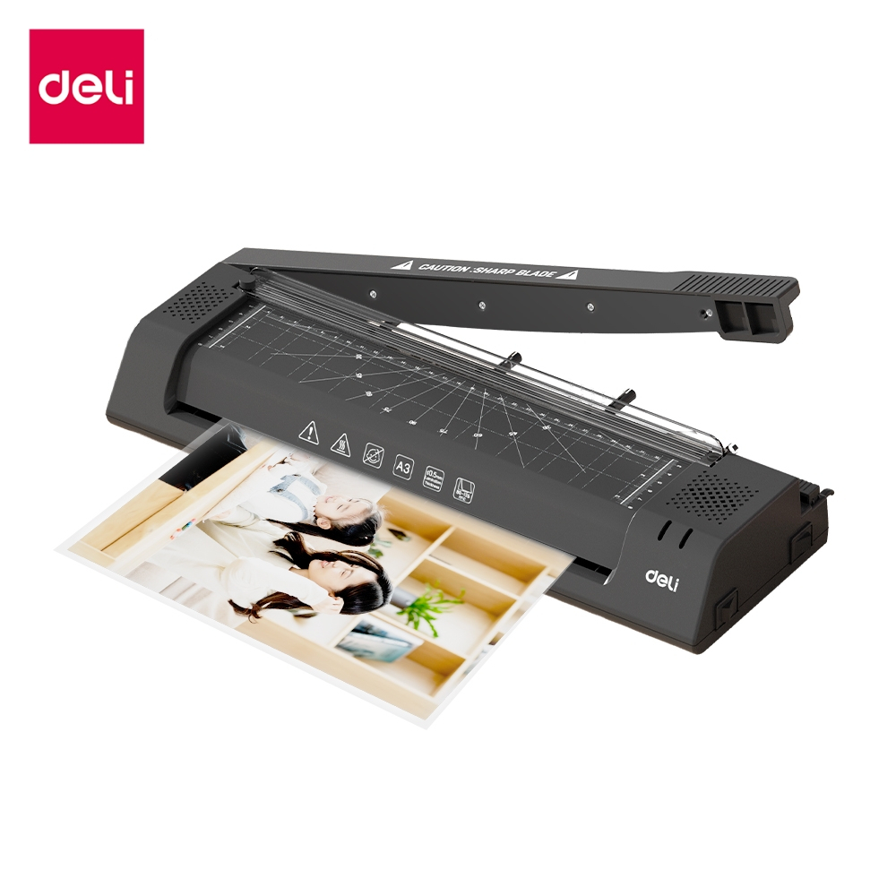Deli เครื่องเคลือบเอกสาร 5in1 เครื่องเคลือบบัตรA3 เคลือบร้อนและเย็น ฟรีที่ี่ตัดกระดาษ Laminator