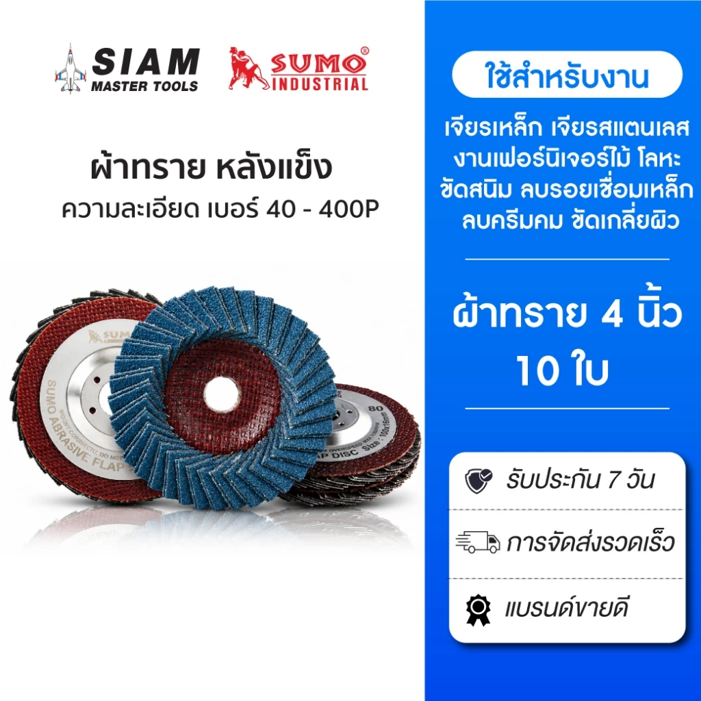 (10 แผ่น)ใบเจียรผ้าทรายเรียงซ้อน 4 นิ้ว หลังแข็ง (เบอร์ 40P-เบอร์ 400P) ฝาเหล็ก SUMO,ผ้าทรายซ้อน