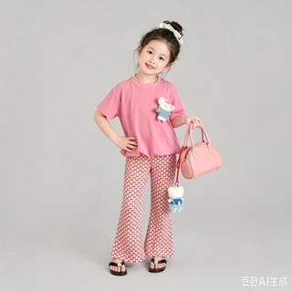 BB268 ชุดเด็กผู้หญิงสีหวาน เสื้อแขนสั้น + กางเกงลายพาสเทล สไตล์เกาหลี