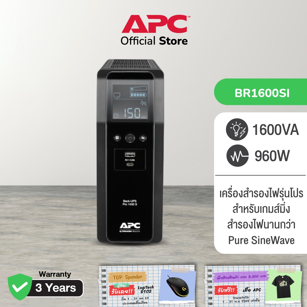 APC Back UPS Pro BR1600SI (1600VA/960WATT) ระบบ Pure Sine Wave หน้าจอ LCD แจ้งเตือนสถานะ