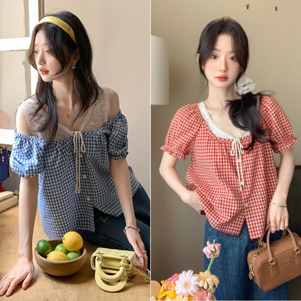 cherryshop พร้อมส่ง เสื้อเชิ้ตผู้หญิง เสื้อเชิ้ตลายสก็อตแบบสองชิ้นสำหรับผู้หญิง แขนพองตกแต่งด้วยขอบลูกไม้