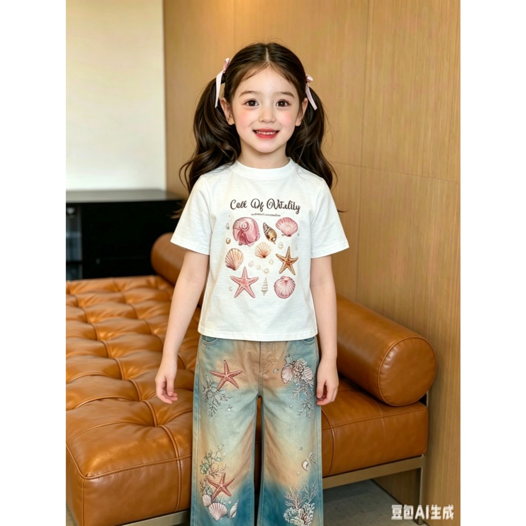 AY266 เซ็ตเสื้อกางเกงเด็ก ลายหอยทะเล สีหวาน ใส่สบาย เหมาะกับหน้าร้อน ราคา ถูกที่สุด ดีลบีเคเค แกลเลอรีภาพที่ 4