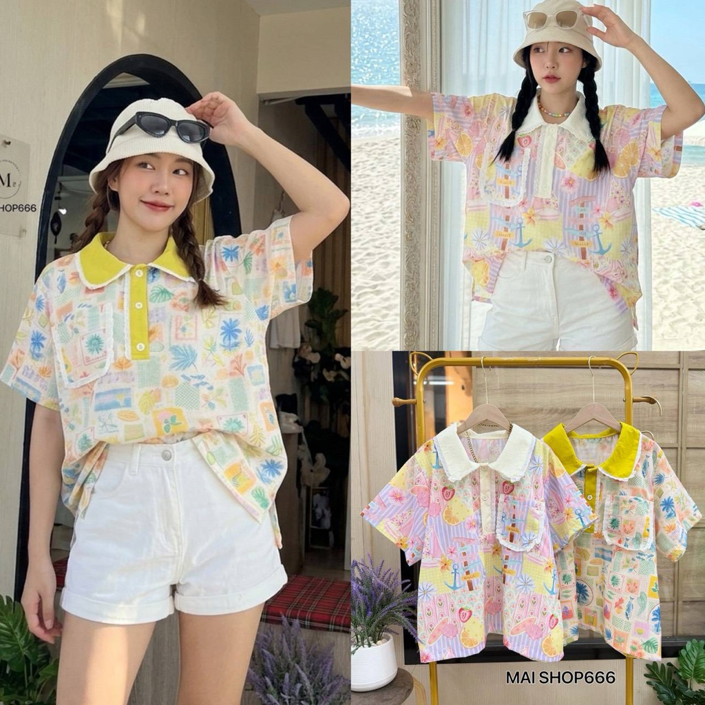 เสื้อผ้าคอนตอลลินิลพิมลายทะเลยวีฟ้าสีสดใสBigsize