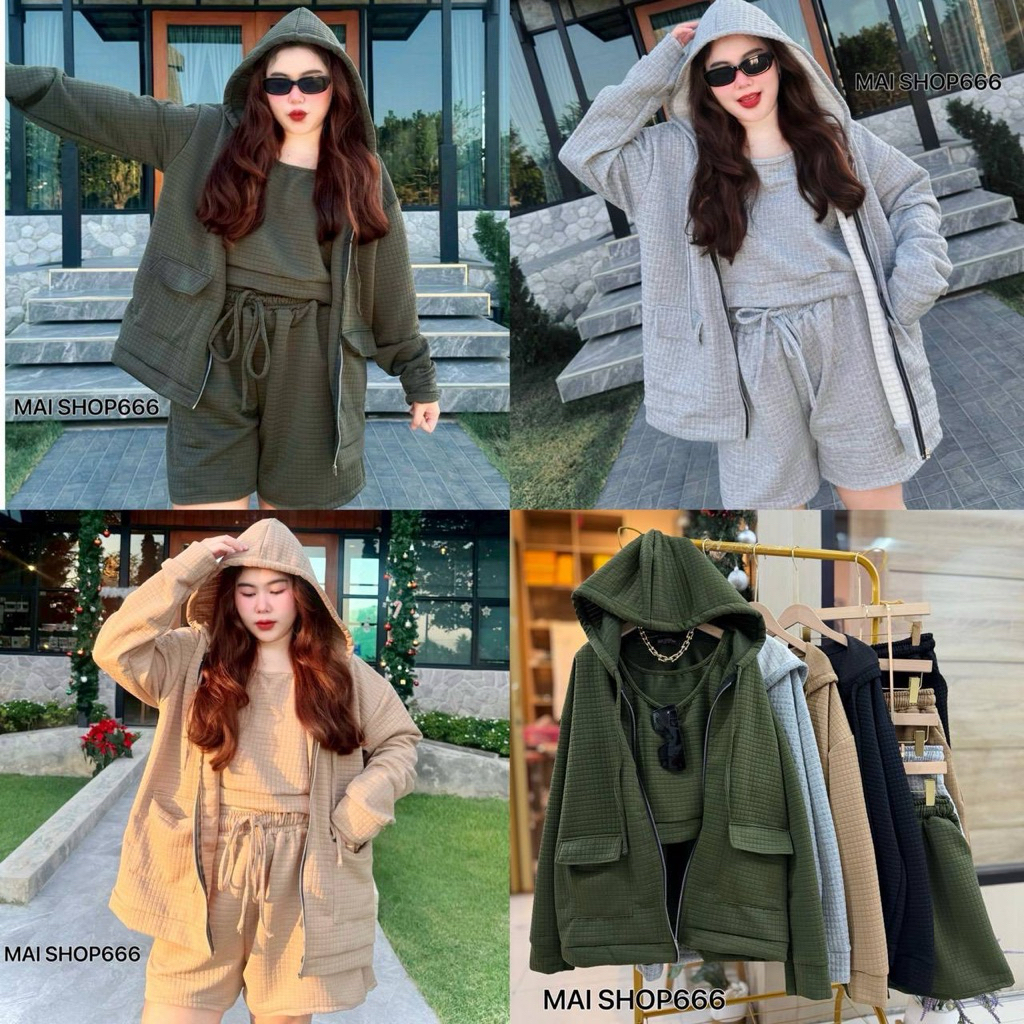 Big Sizeงาน3ชิ้น เสื้อฮูท+กล้าม+กางเกง ผ้าวอมนุ่ม