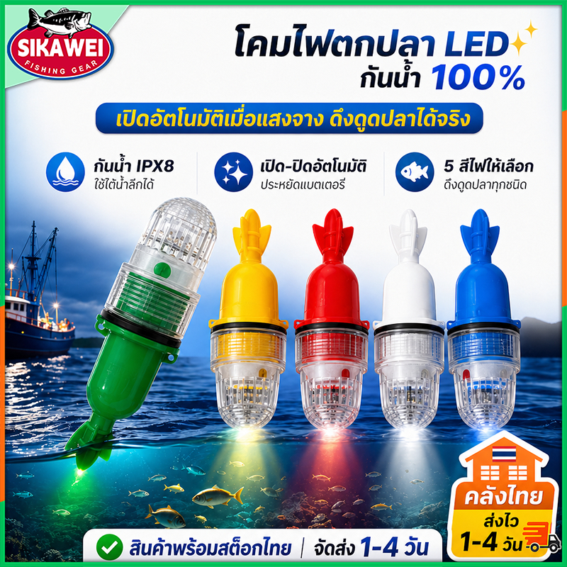 ไฟตกปลา LED กันน้ำลึก IPX8 ไฟลอยพร้อมแฟลช ดึงดูดปลาได้จริง คลังไทยส่งไว