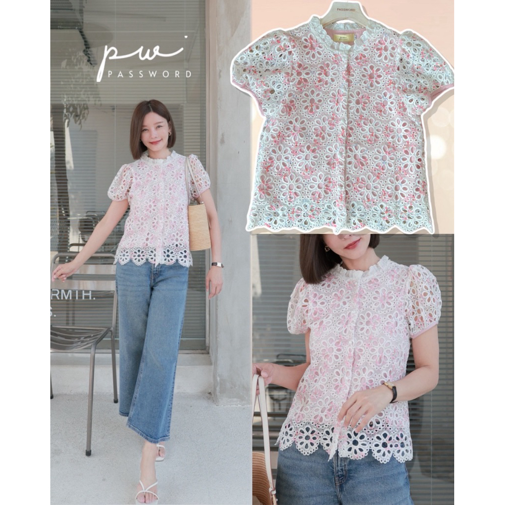 [พร้อมส่ง] Password 0190 เสื้อลูกไม้คอตตอนพิมพ์ลายในเนื้อผ้าน่ารัก