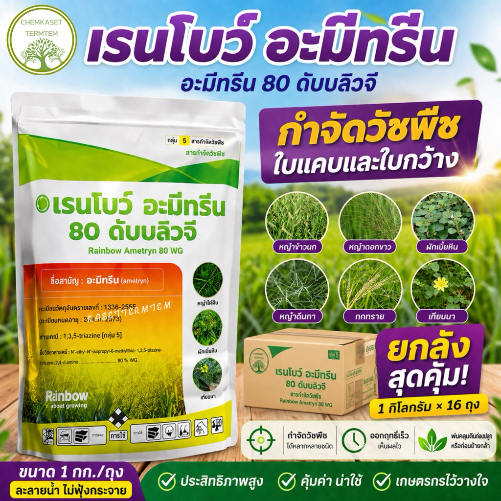 (ยกลัง*16)เรนโบว์ อะมีทรีน 80WG สูตรเม็ด ไม่ฟุ้งกระจาย ใหม่จากโรงงาน 1กก. กำจัดวัชพืช ใบแคบ ใบกว้าง