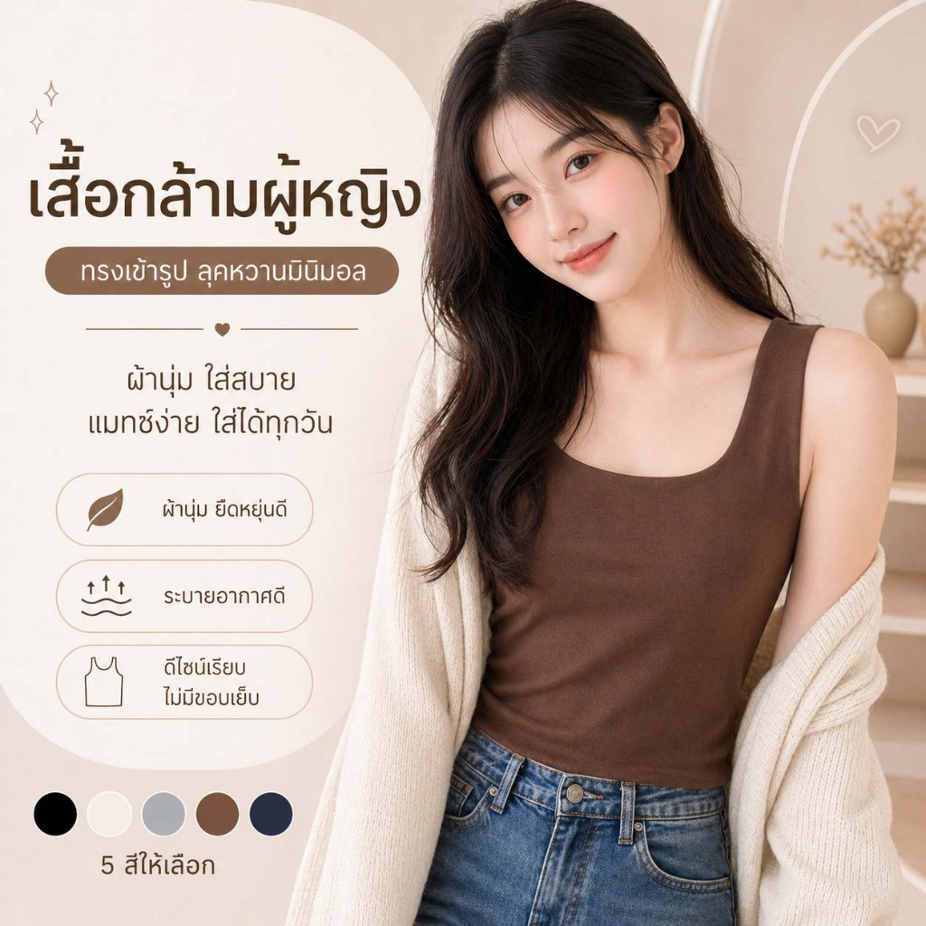 เสื้อกล้ามผู้หญิง คอกลม ผ้านุ่มยืด ใส่สบาย ระบายอากาศดี ทรงเข้ารูป สีพื้น ไม่มีขอบเย็บ แฟชั่นเกาหลี 5 สี