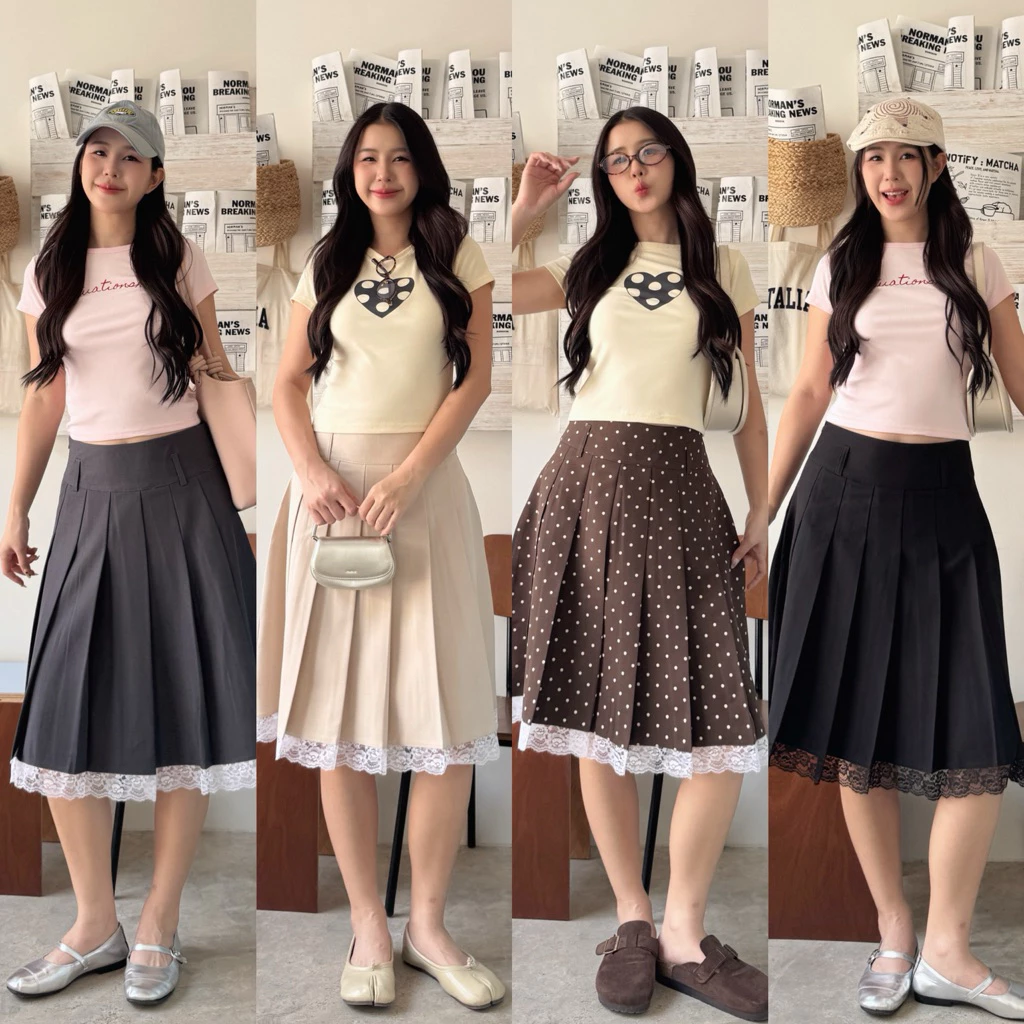 !NEW VIDAA LONG PLEATED-SKIRT+lace กระโปรงยาวจีบรอบตัว*ดีเทลปลายลูกไม้ คิ้วมากกกพส! (รบกวนอ่านรายละเอียดก่อนสั่งซื้อ)