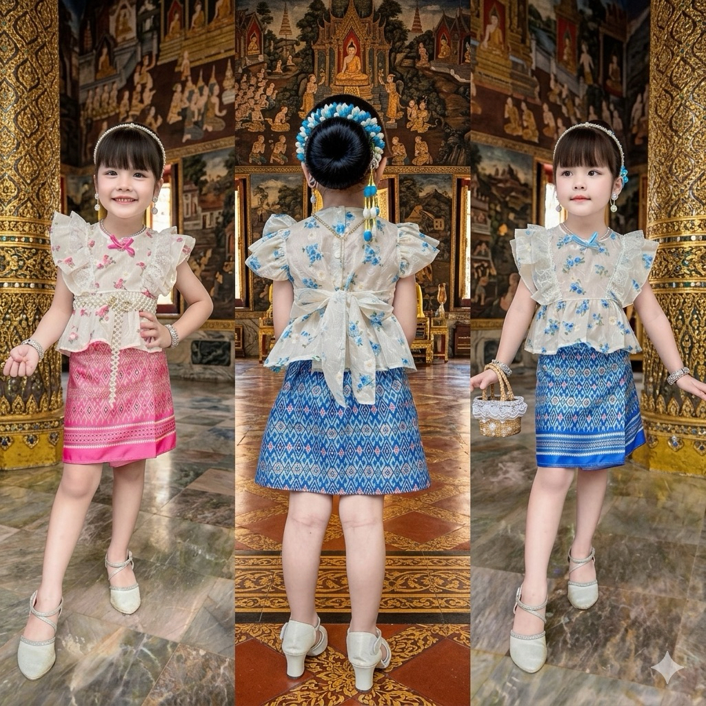 พร้อมส่ง ชุดไทยเด็กผู้หญิงเซ็ต 2 ชิ้น (เสื้อปักฉลุลายดอก แต่งระบายลูกไม้+ผ้าถุงลายไทย) น่ารักมาก ชุดไทยใส่ไปโรงเรียน