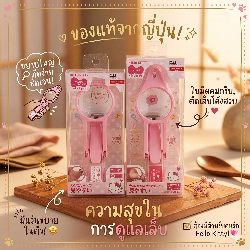 ‼️ของแท้จากญี่ปุ่น‼️Kai Nail Clipper Hello Kitty DF LED Loupe กรรไกรตัดเล็บของญี่ปุ่น คม แม่นยำ มีแว่นขยายให้พร้อม