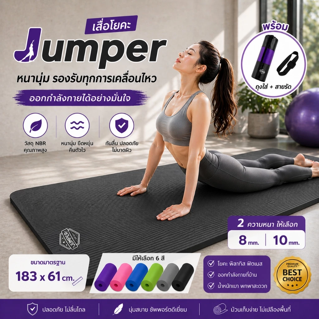 Jumper เสื่อโยคะ NBR 6-10mm 183x61cm ฟรีถุง+สาย - รูปที่ 1