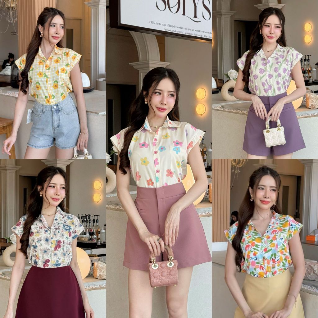 [S-XXL] เสื้อแขนต่อลายสดใสแต่งกระเป๋าหน้าผ้านิ่มลื่น