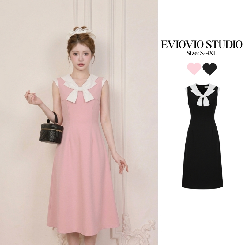 🤩【EVIOVIO】S-4XL เดรสทรง A-Line รุ่นคุณหนู ดีไซน์ปกกะลาสีขาว แต่งโบว์ขาวสุดคิวท์ สไตล์เกาหลี ลุคสาวหวาน ชุดสาวอวบพลัสไซซ์
