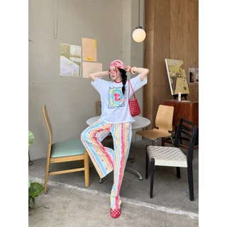POPUP BKK | Play Muse ชุดเซ็ตเสื้อ+กางเกงขายาว ผ้ายืดพรีเมียม ลายซัมเมอร์สดใส (Free Size S-XL ใส่ได้)