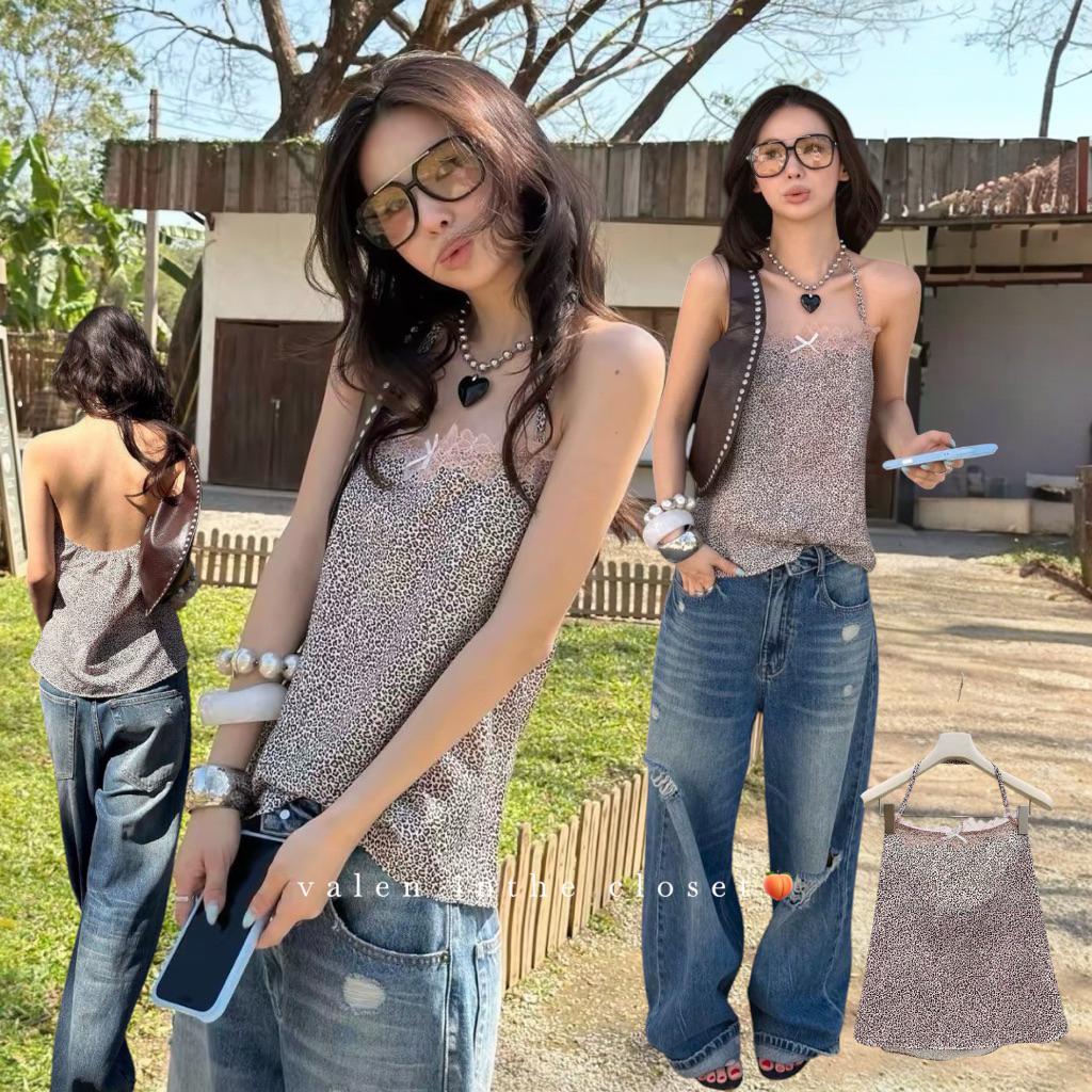 ส่งด่วน 🛵 #26C136 MMFISH 𝗖𝗛𝗟𝗢𝗘 𝗟𝗔𝗖𝗘 𝗧𝗔𝗡𝗞 เสื้อคล้องคอลายเสือที่เบรคความแซ่บด้วยลูกไม้ช่วงอกแบบวินเทจ