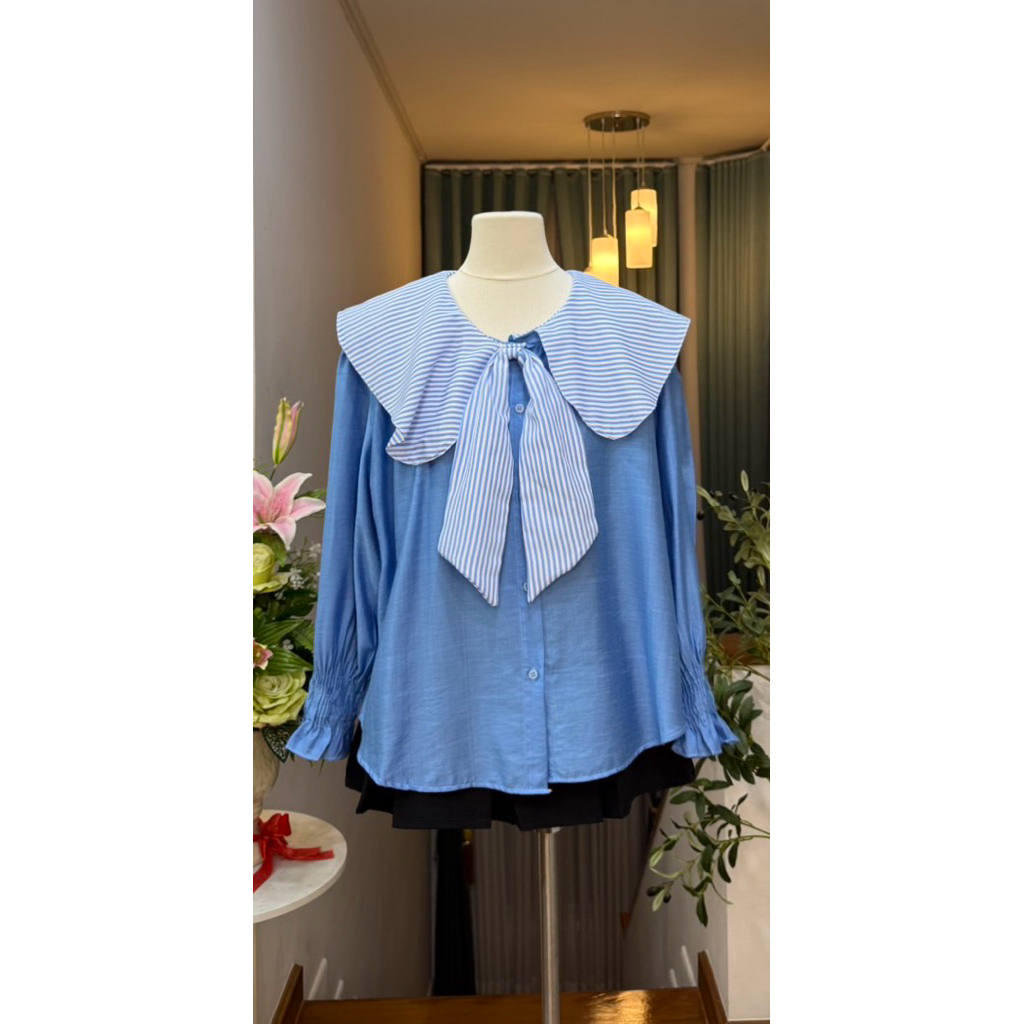 เสื้อแขนยาว คอปกใหญ่ แต่งโบว์หน้า •ปลายแขนสม็อค• รูปที่ 3