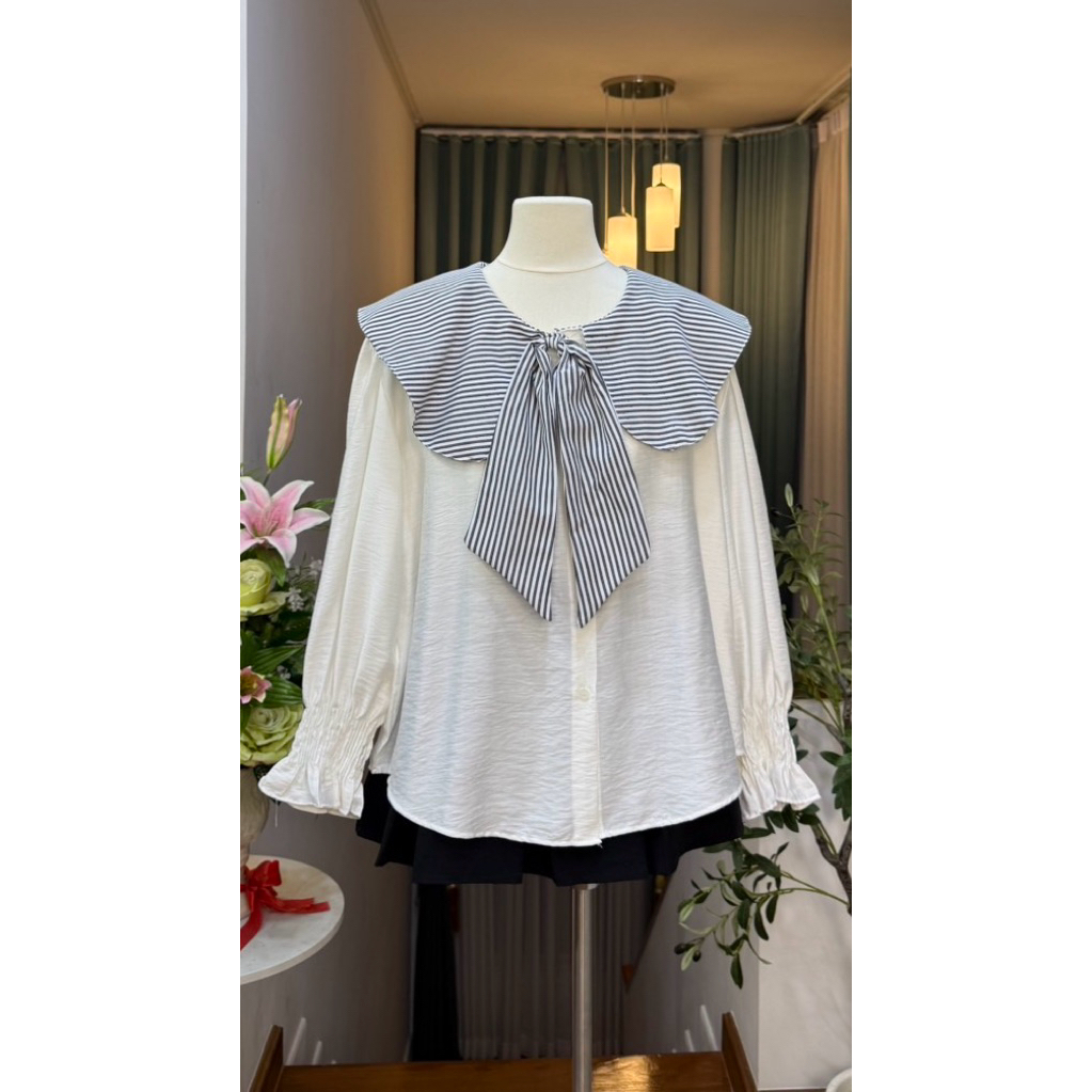 เสื้อแขนยาว คอปกใหญ่ แต่งโบว์หน้า •ปลายแขนสม็อค• รูปที่ 6