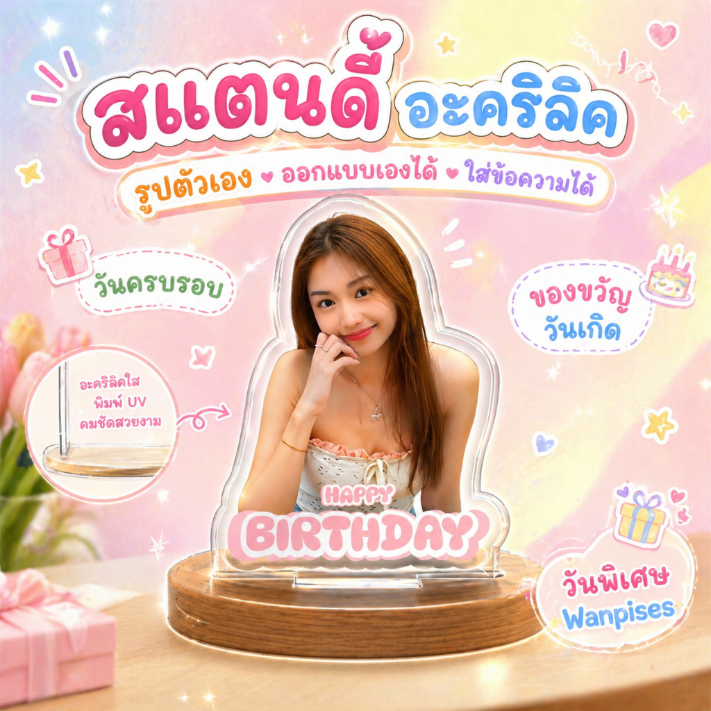สแตนดี้ อะคริลิค รูปตัวเอง ออกแบบเองได้ ใส่ข้อความได้ วันครบรอบ ของขวัญวันเกิด (วันพิเศษ Wanpises)