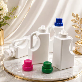 ขวดน้ำยาซักผ้า ขวดรีฟิล สีขาว ทรงเหลี่ยม มีหูจับ (พร้อมจุกเทน้ำยา) (1,000 ML.) PK1000ML40 ฝาตวงสีขาว (พร้อม สติ๊กเกอร์)
