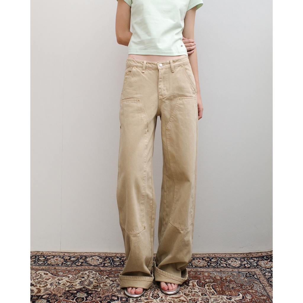 RYA RR Double knee Jeans (Khaki) กางเกงยีนส์ ทรงหลวม ขากระบอกใหญ่ สีครีม สีฟอก อ่อน ครีม