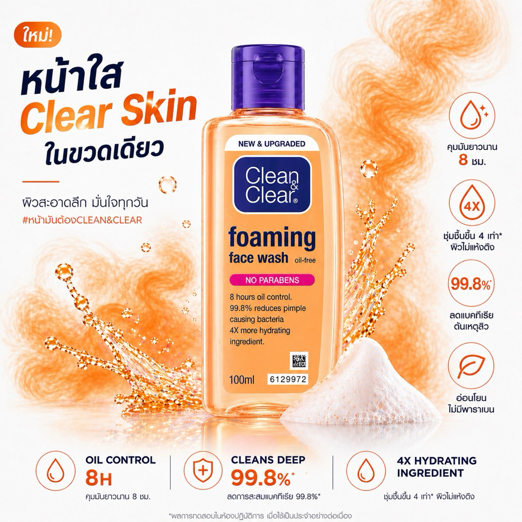 Clean & Clear 100 ml โฟมล้างหน้า คุมมัน Oil-Free Facial Wash สำหรับผิวมัน ผิวผสม ล้างสะอาด ผิวไม่แห้งตึง พร้อมส่ง