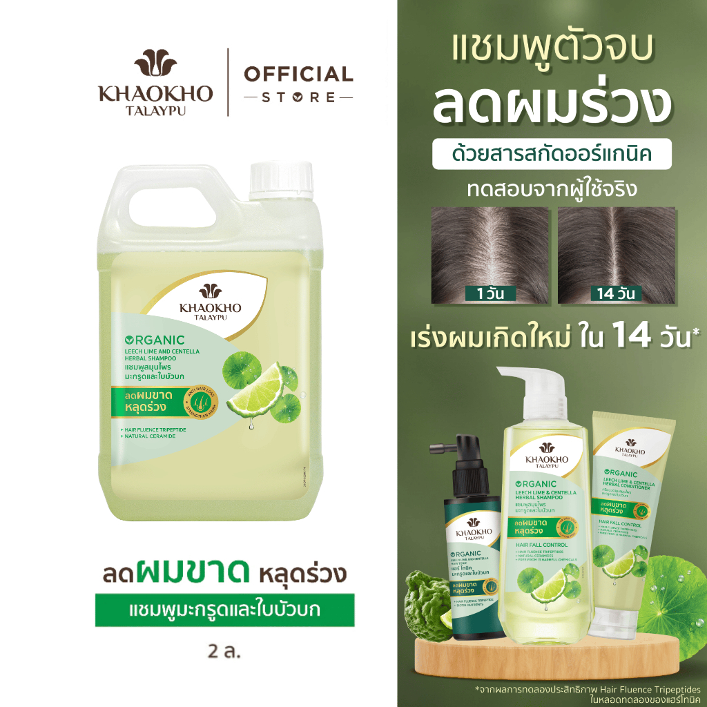 Khaokho Talaypu เขาค้อทะเลภู แชมพูแบบแกลลอนรีฟิล สูตรมะกรูดและใบบัวบก ช่วยลดผมร่วง (2,000 มล.)