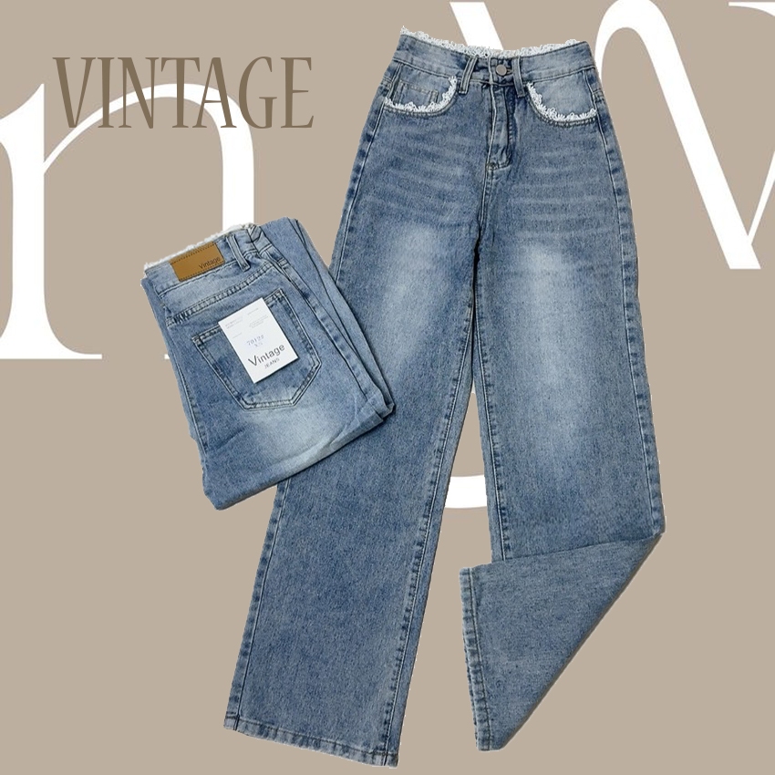 Vintage รุ่น 7012 กางเกงยีนส์ ทรงกระบอก ลายลูกไม้ แต่งเฟดขา ทรงสวยผ้าไม่ยืด