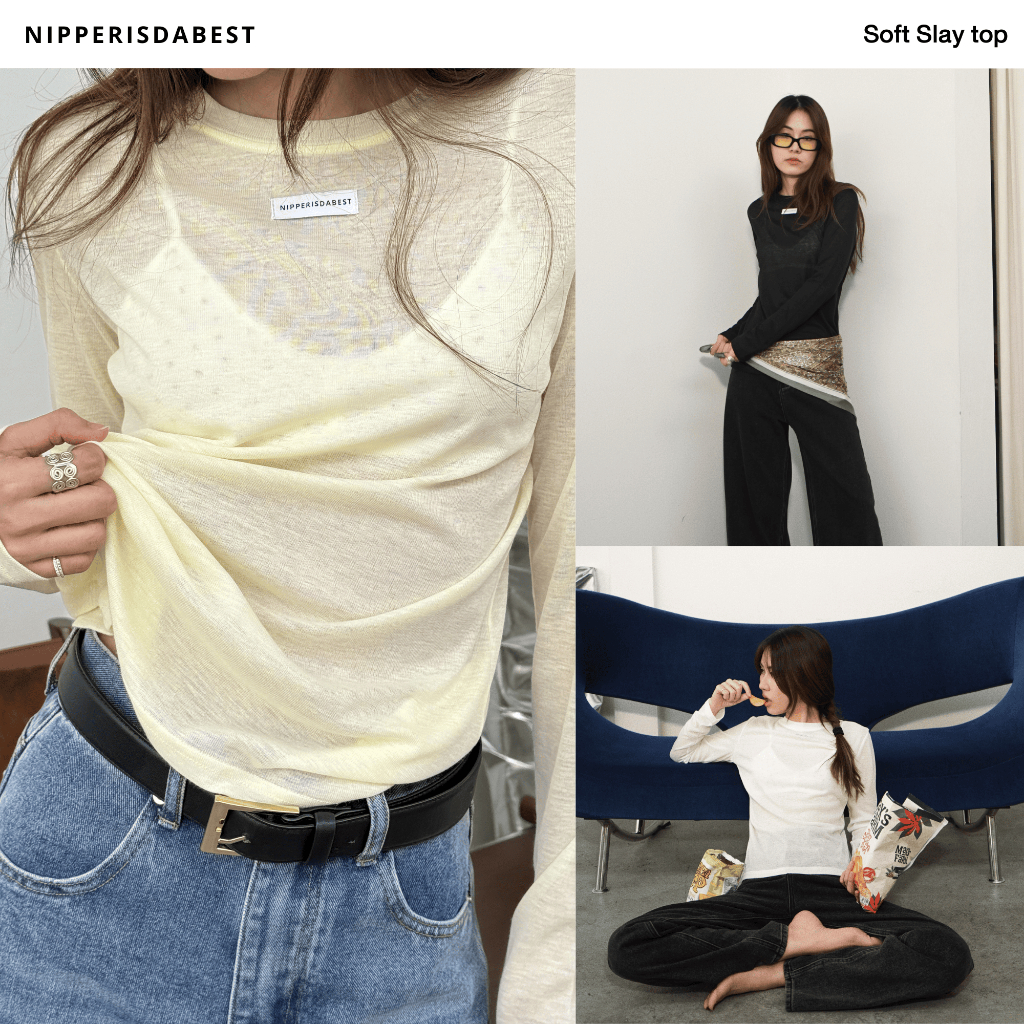 [Preorder Banana/White] NIPPERISDABEST Soft Slay Top เสื้อแขนยาวซีทรูแต่งป้ายโลโก้กลางอก #NPT070 [ไม่มีแถมเสื้อด้านใน]
