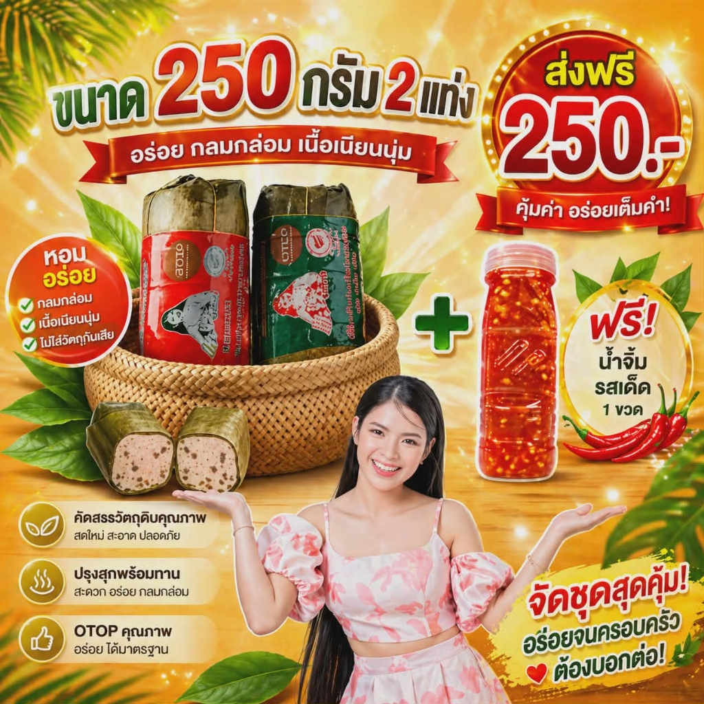 หมูยอเยาวภา [ซื้อ1แท่ง แถม 1แท่ง ฟรีน้ำยำ] ♨️หมูยอเยาวภาส่งตรงจากโรงงานอุบล